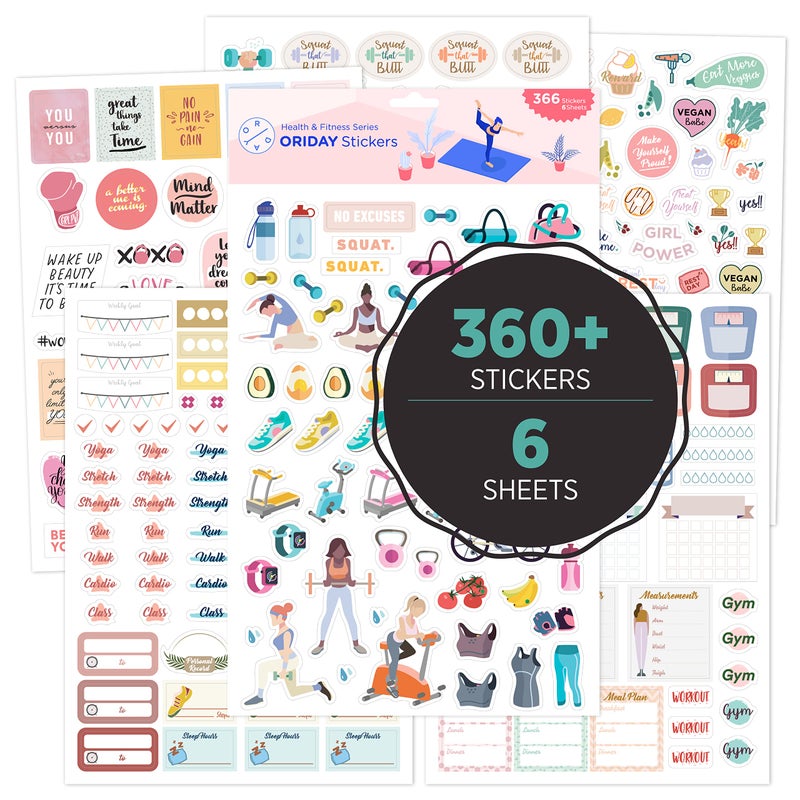 Oriday Health & Wellness, Workout - Set of 366 Stickers, 6 Sheets for Fitness Stickers - Mom, Student, Habit Tracker, for Monthly, Weekly & Daily Planner, Calendar or Journal - Sticker Book for Women - Image 1